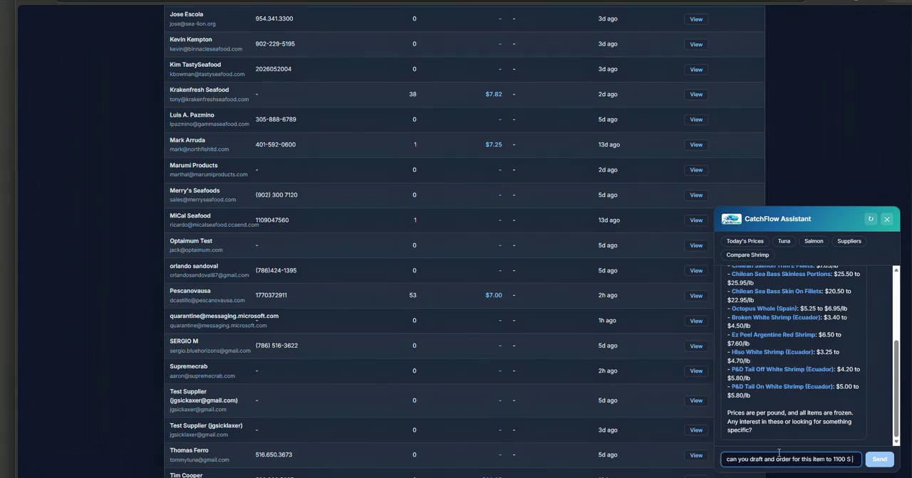 CatchFlow assistant chat panel quoting seafood prices while an order is typed